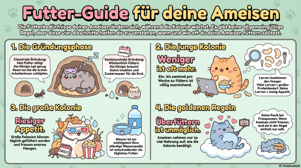 Infografik zum Thema "Ab wann und wie oft sollte man die Ameisen füttern". Die Infografik wurden im Kawaii-Stil erstellt und kleine Katzen erklären das Thema Ameisenfütterung.