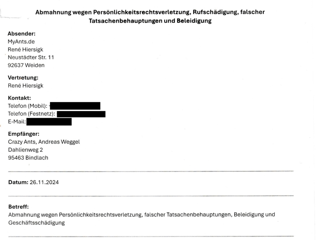 Oberer Teil der ersten Seite des Abmahnschreibens von MyAnts.de