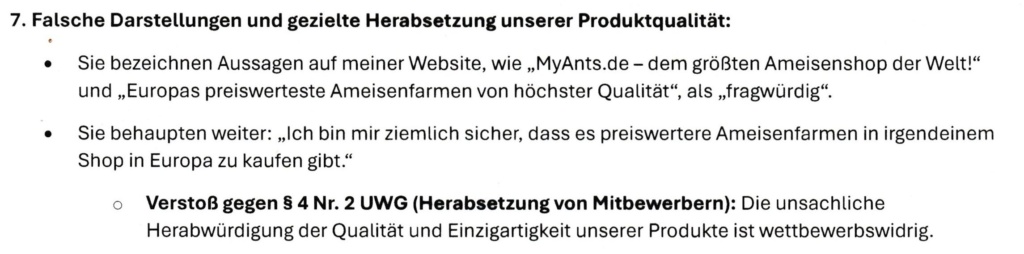 Siebter Punkt der Abmahnung durch MyAnts.de: Falsche Darstellungen und gezielte Herabsetzung unserer Produktqualität