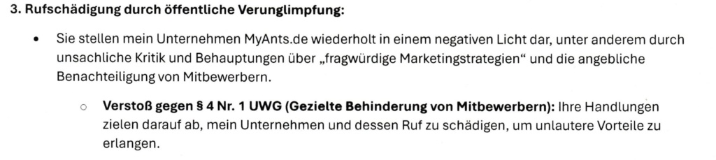 Dritter Punkt der Abmahnung durch MyAnts.de: Rufschädigung durch öffentliche Verunglimpfung