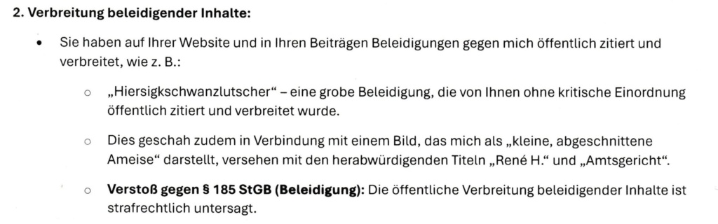 Zweiter Punkt der Abmahnung durch MyAnts.de: Verbreitung beleidigender Inhalte