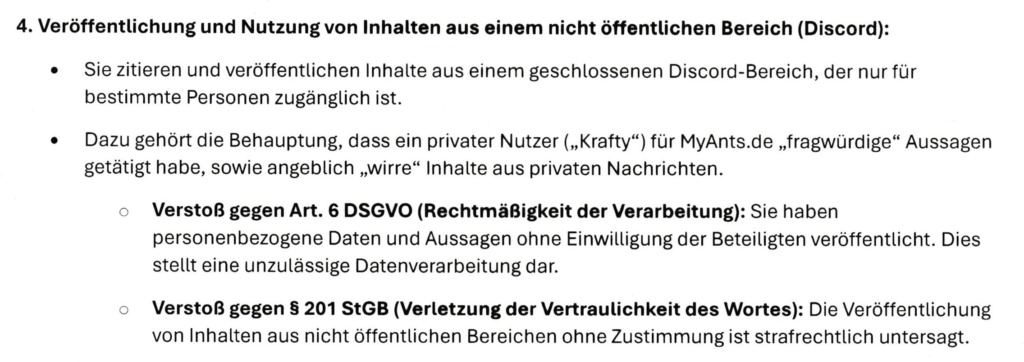 Vierter Punkt der Abmahnung durch MyAnts.de: Veröffentlichung und Nutzung von Inhalten aus einem nicht öffentlichen Bereich (Discord)