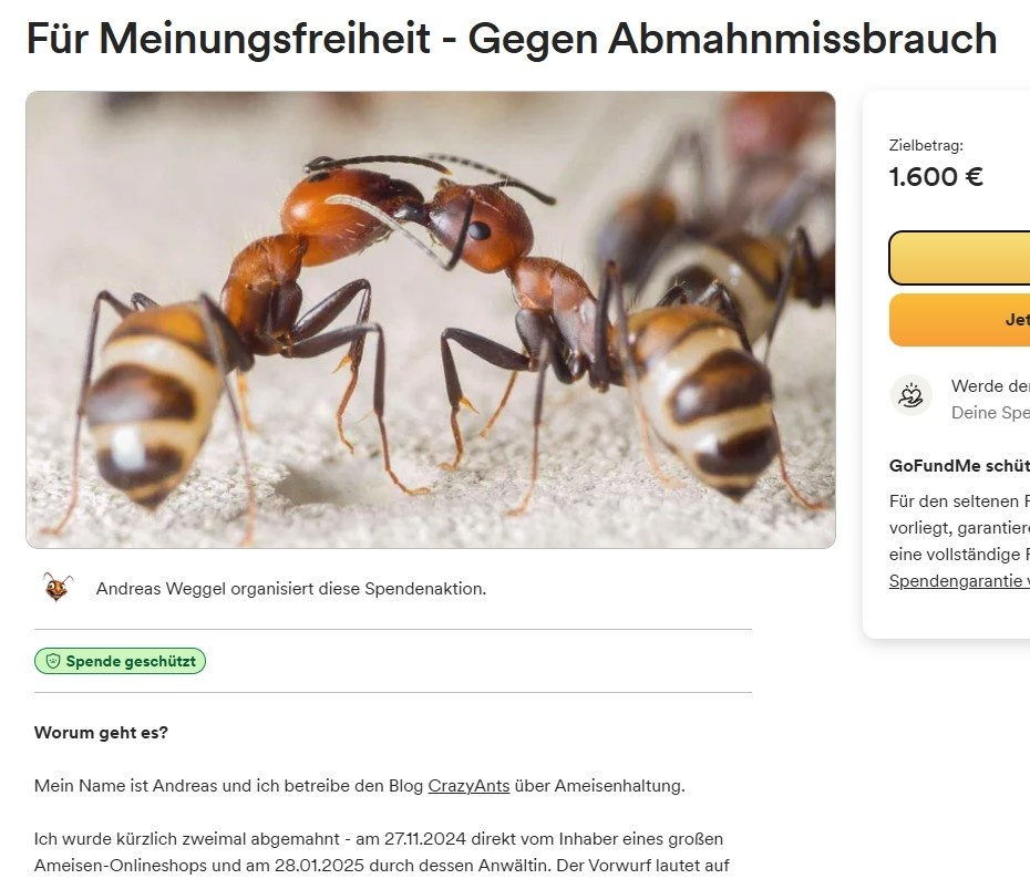 Screenshot der Spendenaktion auf gofundme, um Geld gegen die Abmahnungen durch Myants.de zu sammeln.