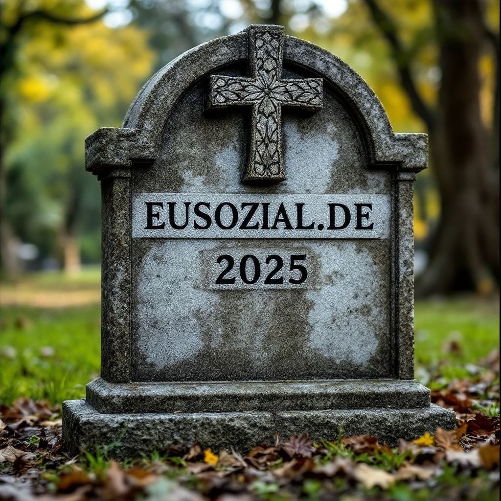 Ein Grabstein auf einem Friedhof. Darauf ist ein Kreuz dargestellt und man kann lesen "Eusozial.de 2025" KI generiert mit Flux 1.1 pro