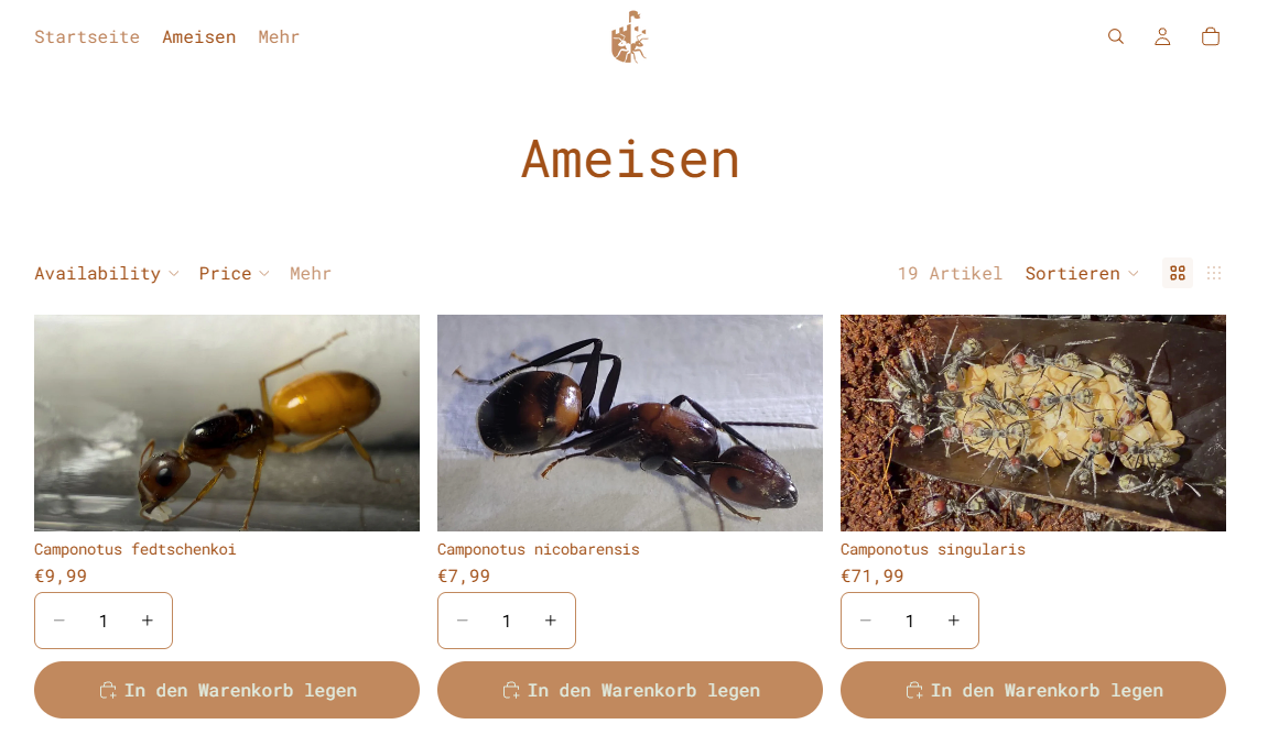 Screenshot von der Webseite antspire.net Es werden verschiedene Ameisenkolonien gezeigt.