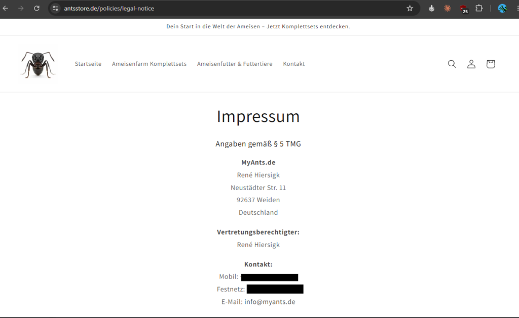 Screenshot der Impressumseite von antsstore.de