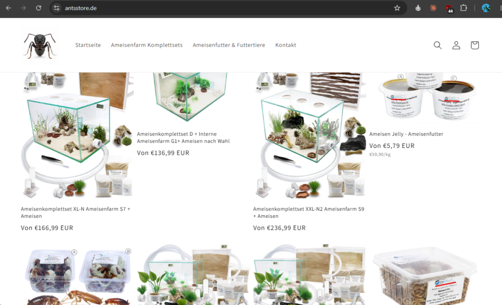 Screenshot der Startseite von antsstore.de Das Logo von MyAnts wurde bei einigen Produkten von mir rot hervorgehoben.