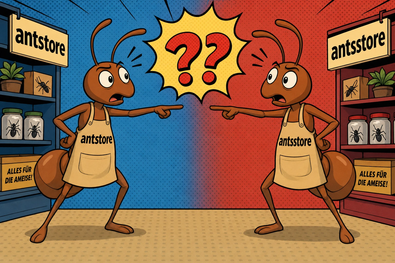 Zwei Ameisen zeigen aufeinander, sie tragen beide Schürzen. Auf der einen steht "antstore" und auf der anderen "antsstore"