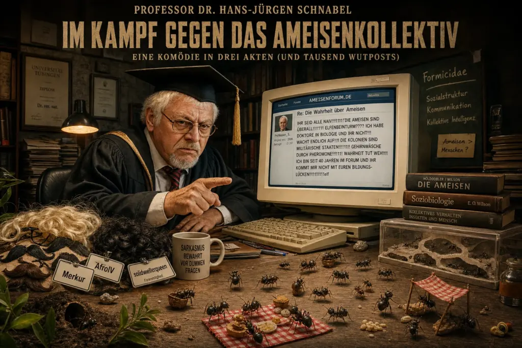 Karrikatur über Buschingers Auftreten in Foren und anderen Ameisencommunities.